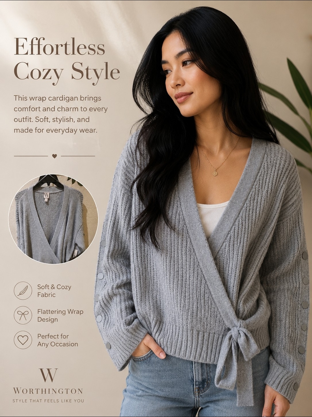 Worthington Light Gray Wrap Cardigan with Tie Front